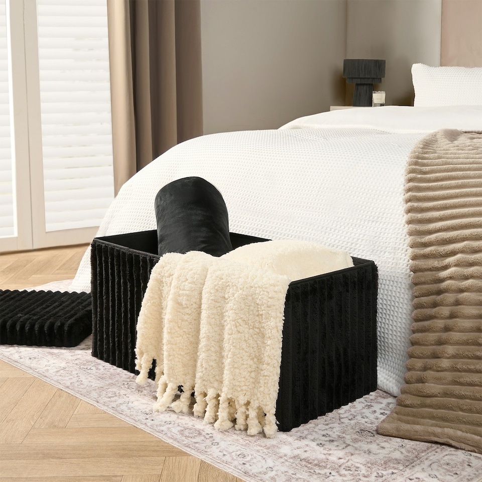 image 1 of OHS Soft Fleece Ribbed Long Rectangle Foldable Footstool Seat Storage Organiser Ottoman Grey