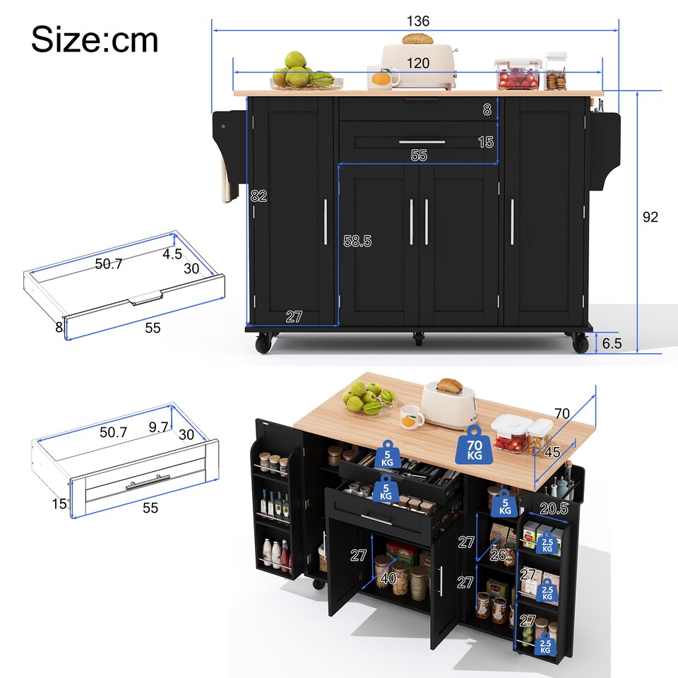 image 1 of VILUXE Mobile Kitchen Island with Foldable Worktop, Hidden Cutlery Drawer, Large Drawer, Adjustable Shelves, Door Racks, Towel Rack, Spice Rack and 5 Wheels, Black and Natural Wood