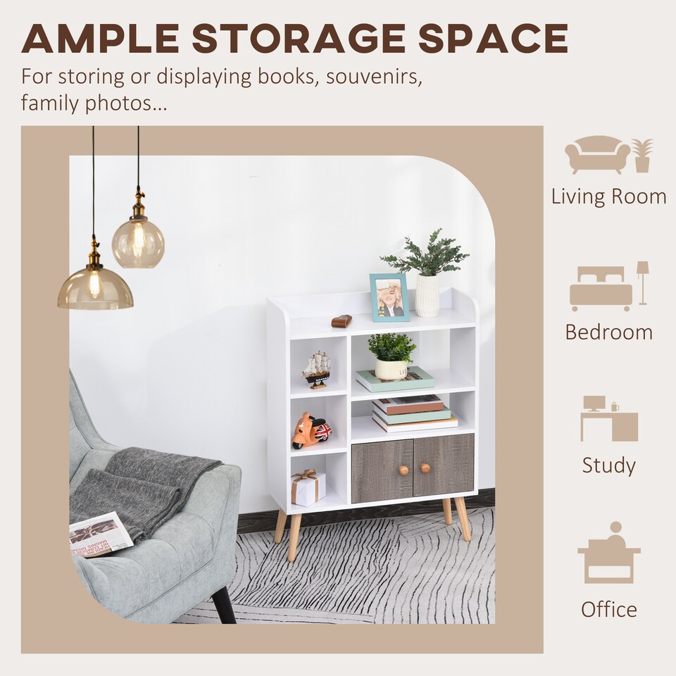 image 1 of HOMCOM Bookcase, Freestanding Book Shelf with Storage Cabinet, 6 Shelves and Wood Legs for Home Office Display, White and Grey, 24D x 71.8W x 90.8H cm