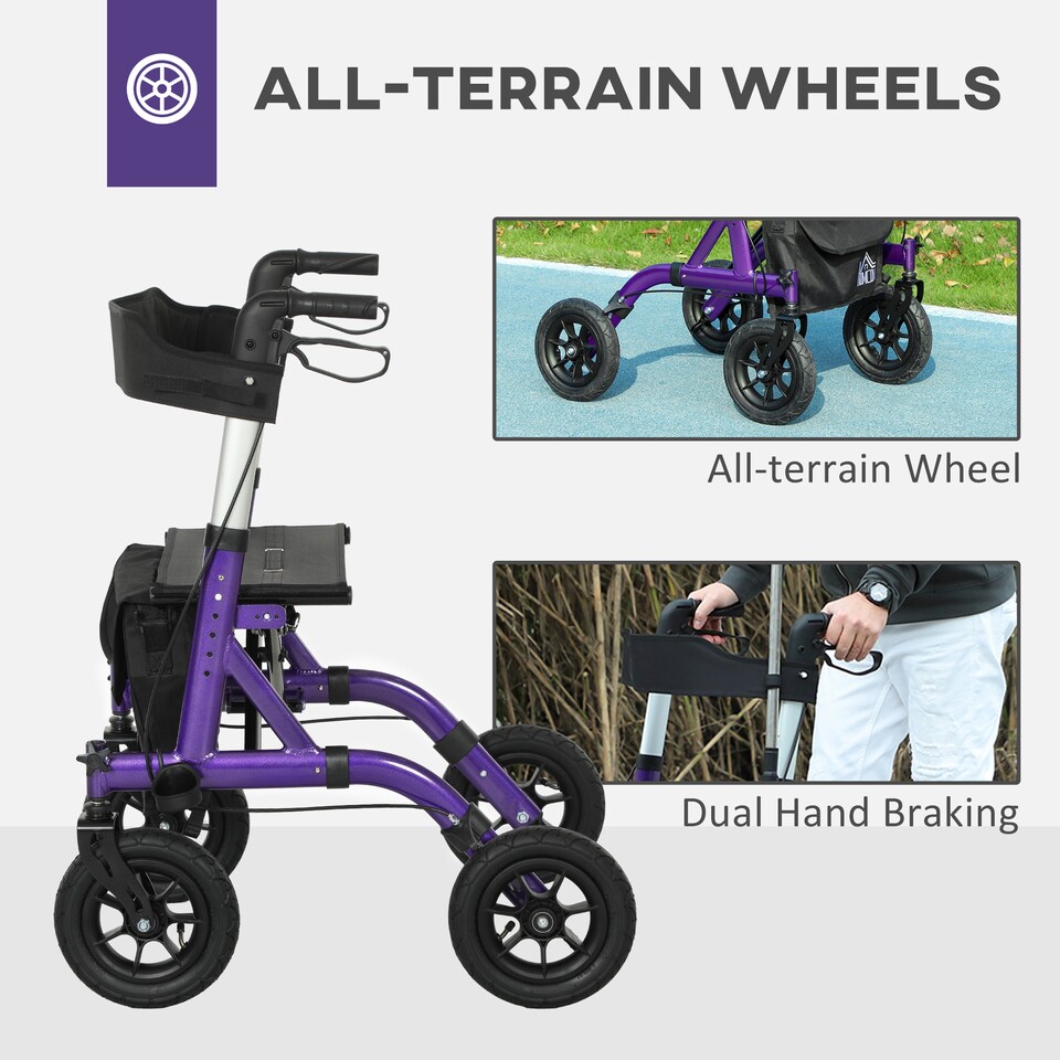 image 1 of HOMCOM Folding Rollator Walker with Seat, Backrest, Lightweight Walking Frame with Storage Bag, Dual Brakes, All-terrain Wheels, Adjustable Handle Height, 4 Wheeled Walker for Seniors, Purple