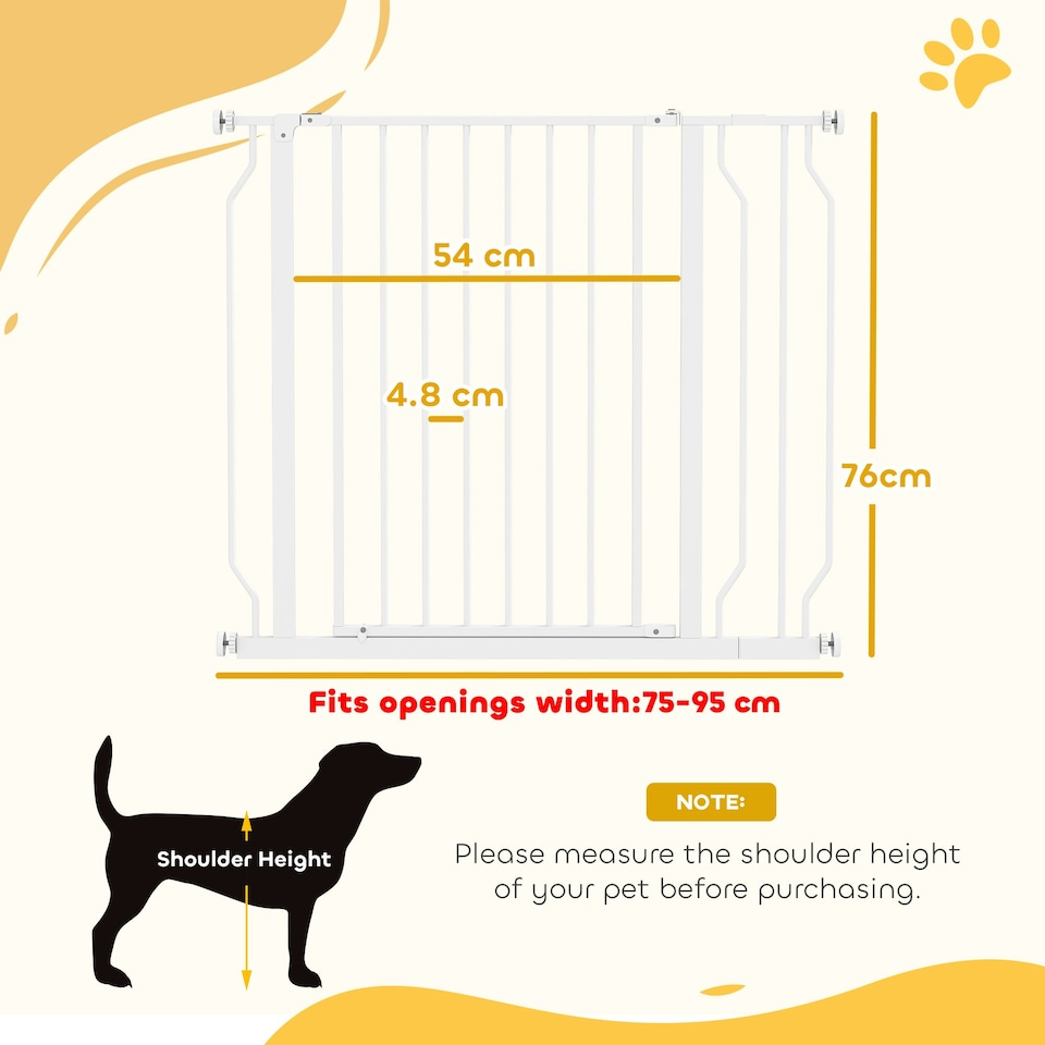 image 1 of PawHut Dog Gate Wide Stair Gate w/ Door Pressure Fit, 75-95W cm, White