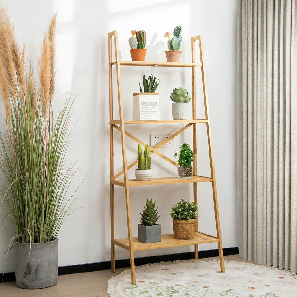 image 1 of COSTWAY 4-Tier Ladder Shelf Bookcase Storage Organizer Brown