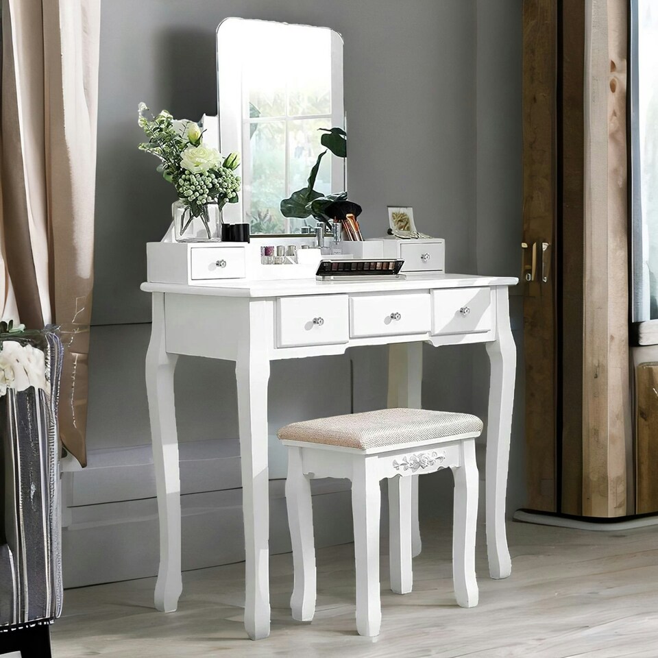 image 1 of 5 Drawer White Dressing Table With Mirror And Stool White