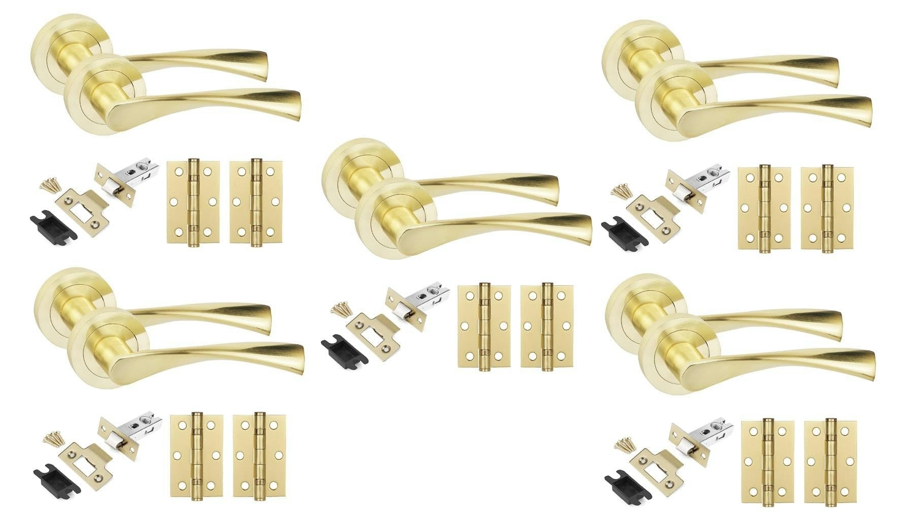 Golden Grace 5 Sets Astrid Design Door Handles in Satin Brass Finish with Tubular Latch and 1 Pair of 3" Ball Bearing Hinges Gold 5 Set