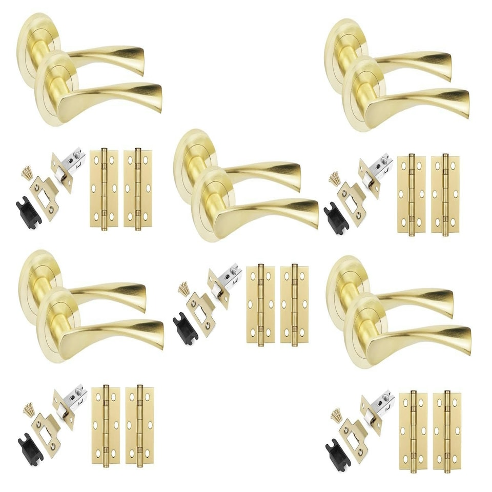 image 1 of Golden Grace 5 Sets Astrid Design Door Handles in Satin Brass Finish with Tubular Latch and 1 Pair of 3" Ball Bearing Hinges | Gold | 5 Set