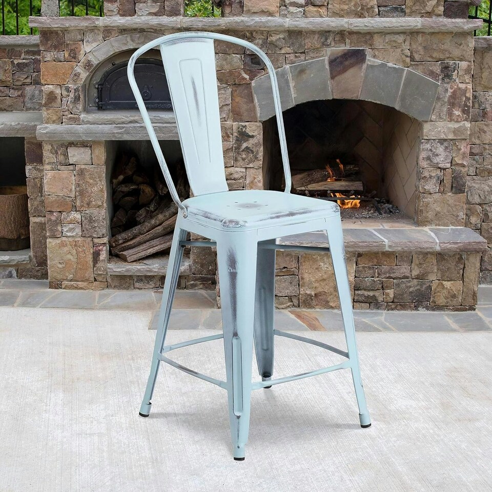 image 1 of Blake 24" Industrial Style Bar Stool Chair, Pale Blue - Set of 4 - Modern Metal Counter Height Blue