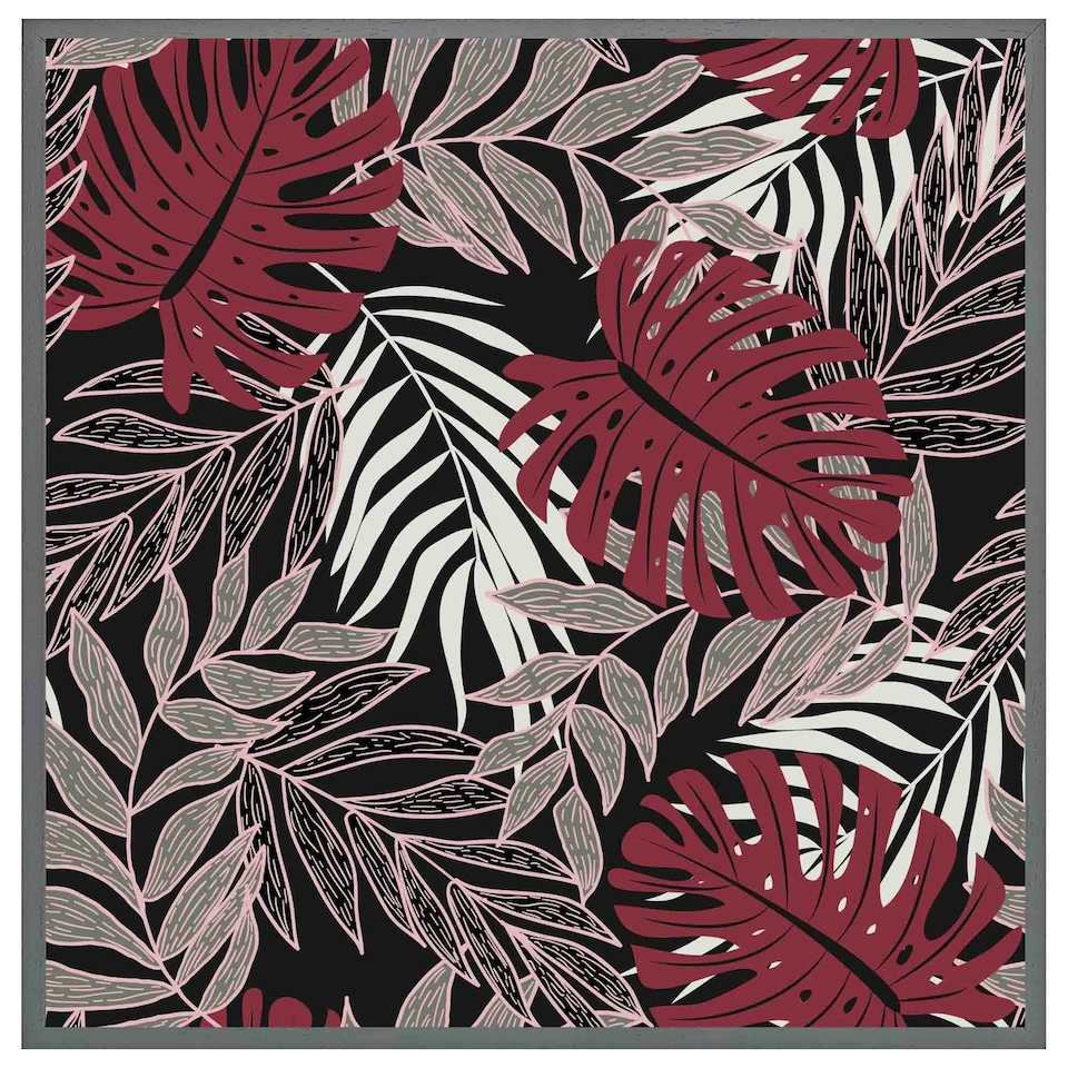 image 1 of Tropical leaves in red, white & grey (Picutre Frame) Grey | XL