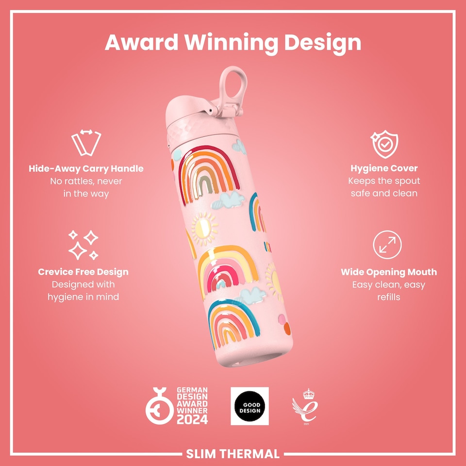 image 1 of Leak Proof Slim Water Bottle, Vacuum Insulated, 500ml (17oz) | Pink | Rainbows | One Size