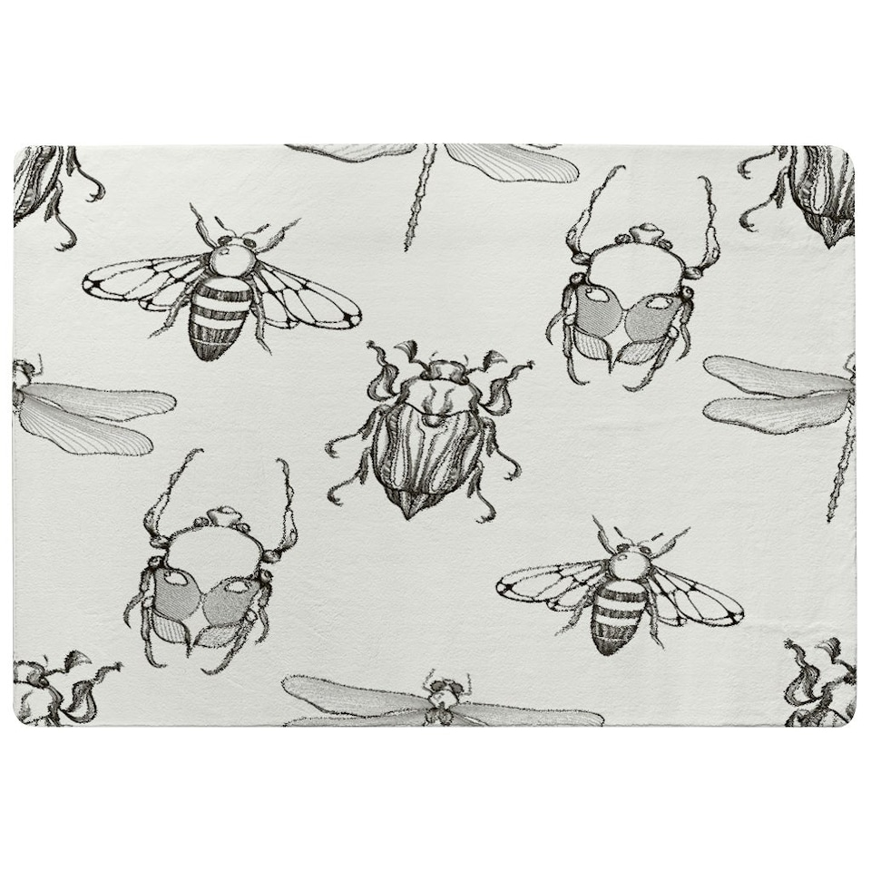 image 1 of Sketch of Scarab Beetle, May bug, Bee and Dragonfly (Rug) White | Small: 60x110cm
