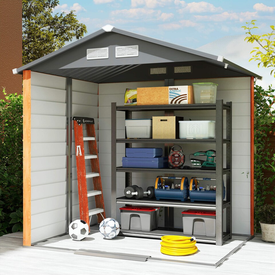 image 1 of Outsunny 6.5 x 5ft Garden Shed, Metal Storage Tool House Gardening Tool Storage with Shutter Vents, Brown and Grey