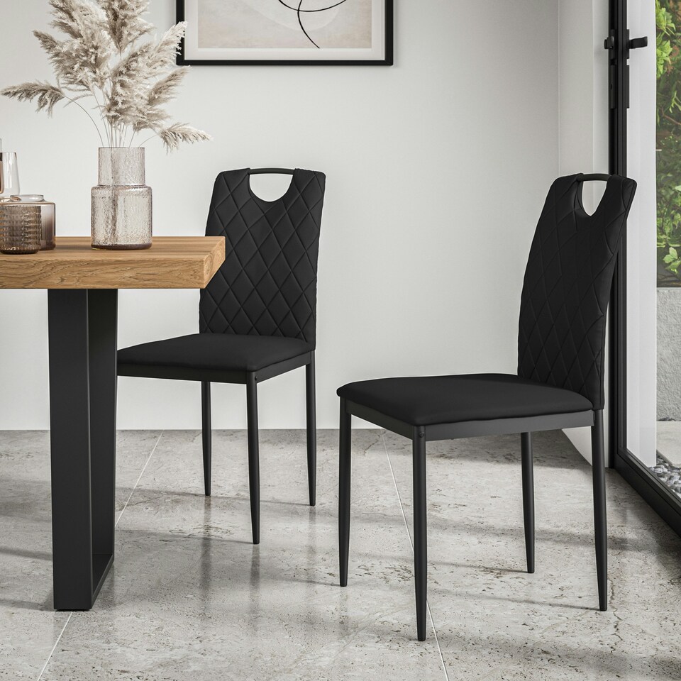 image 1 of Set Of 2 Monza Faux Leather Dining Chair Modern Padded Seat Metal Legs Kitchen Black | Black
