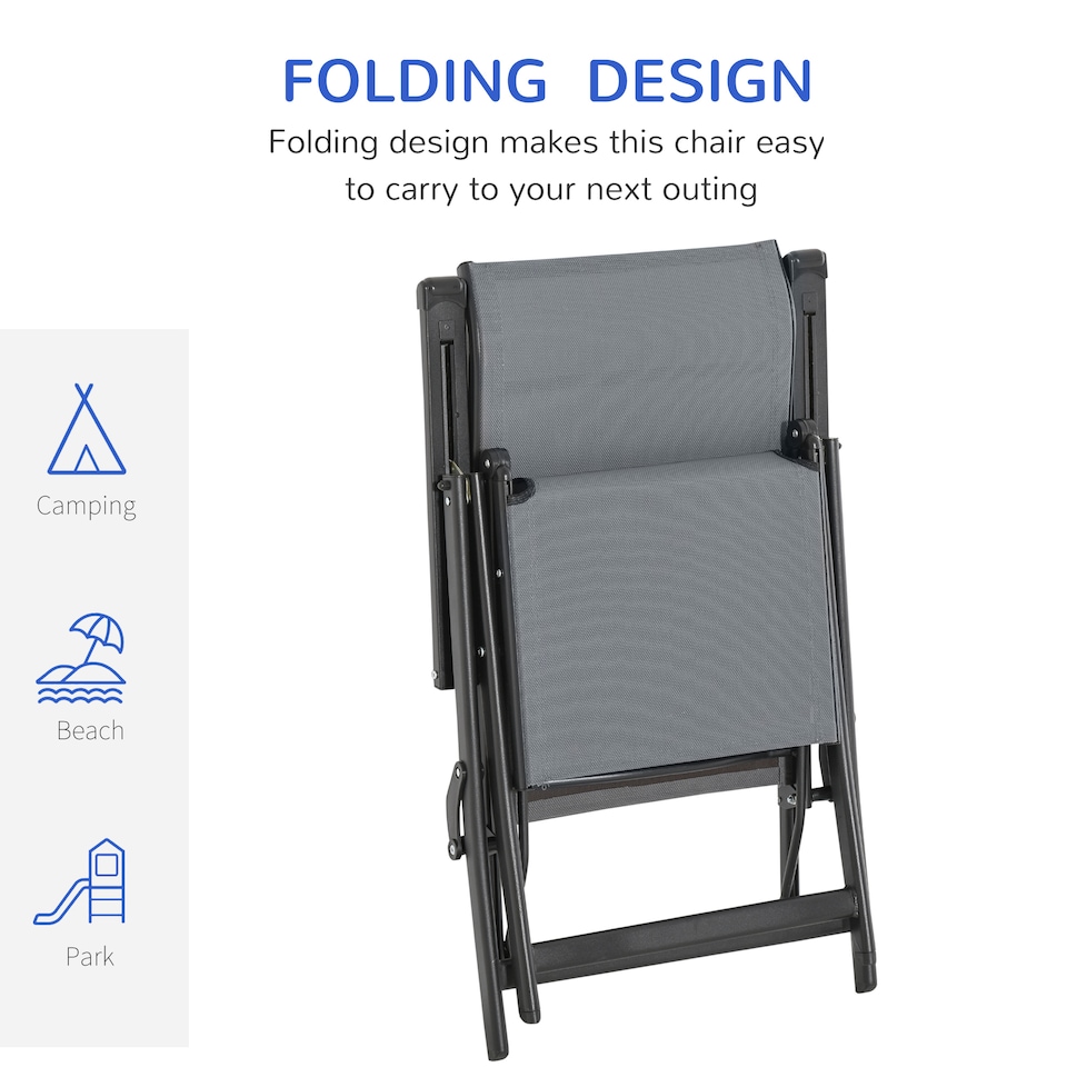 image 1 of Outdoor Reclining Garden Chair Set of 2, 10-Position Adjustable Folding Sun Lounger Zero Gravity Chairs with Texteline Seat, Armrests and Footrest for Patio, Grey