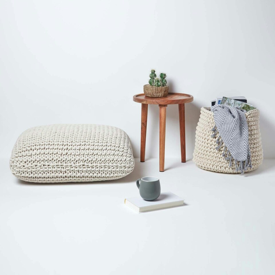 image 1 of Homescapes Natural Square Cotton Knitted Pouffe Floor Cushion | Cream | 70 x 20 cm