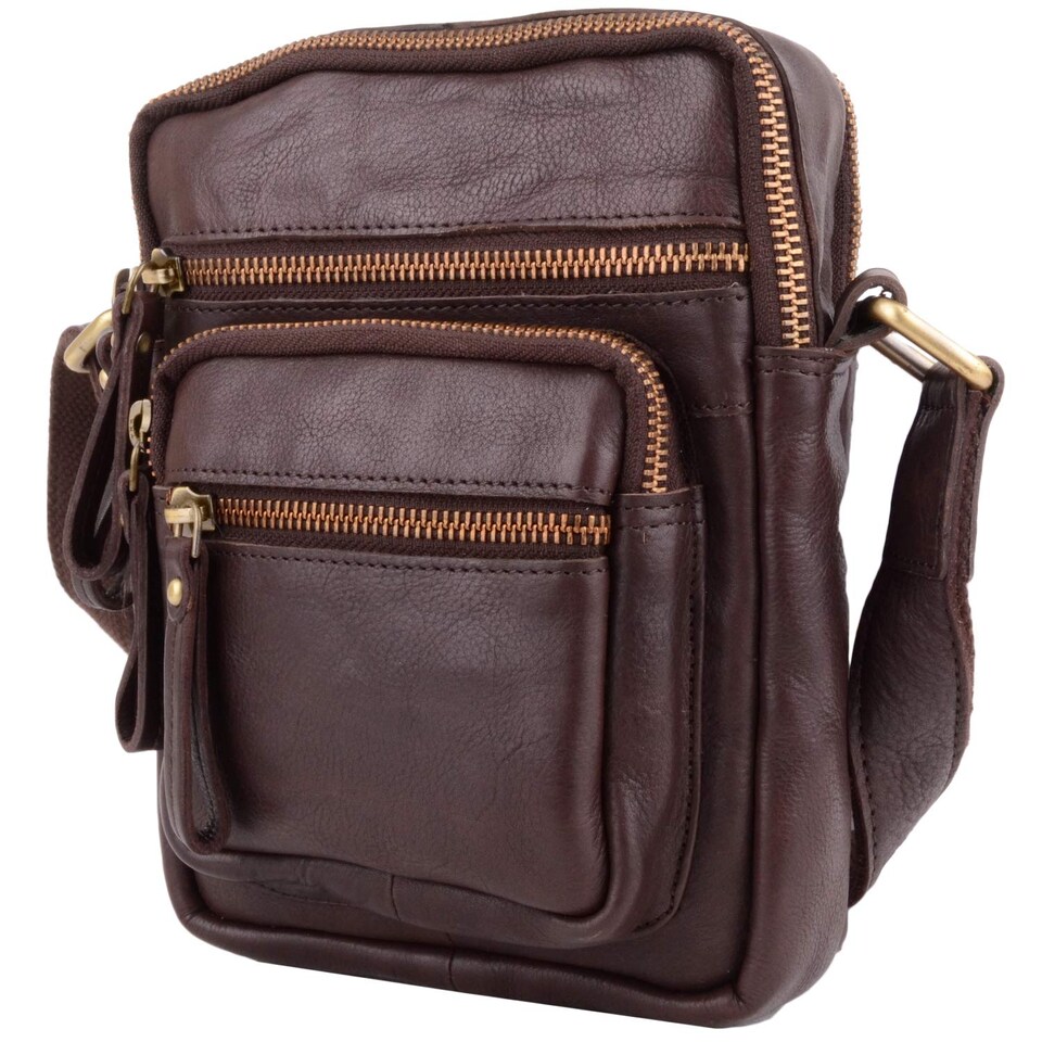 image 1 of London Leathergoods Mens Soft Genuine Leather Travel / Holiday Shoulder / Cross Body Bag | Brown | Dark Brown