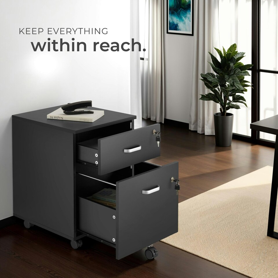 image 1 of Filing Cabinet - 2 rolling, lockable drawers, fits A4 documents Black