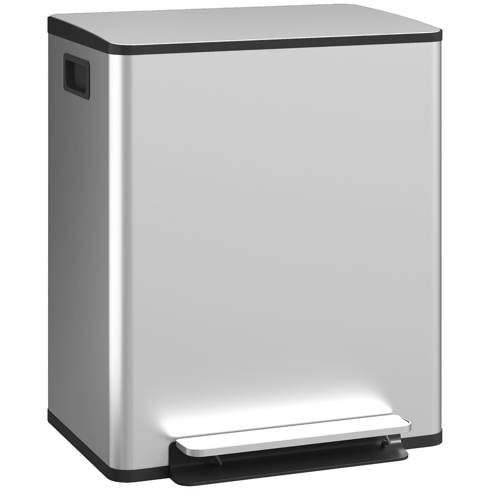 image 1 of HOMCOM Dual Kitchen Bin, 2 x 25L Stainless Steel Double Pedal Bin with Soft-Close Lid, Removable Inner Buckets and Handles for Recycling and Waste, Silver