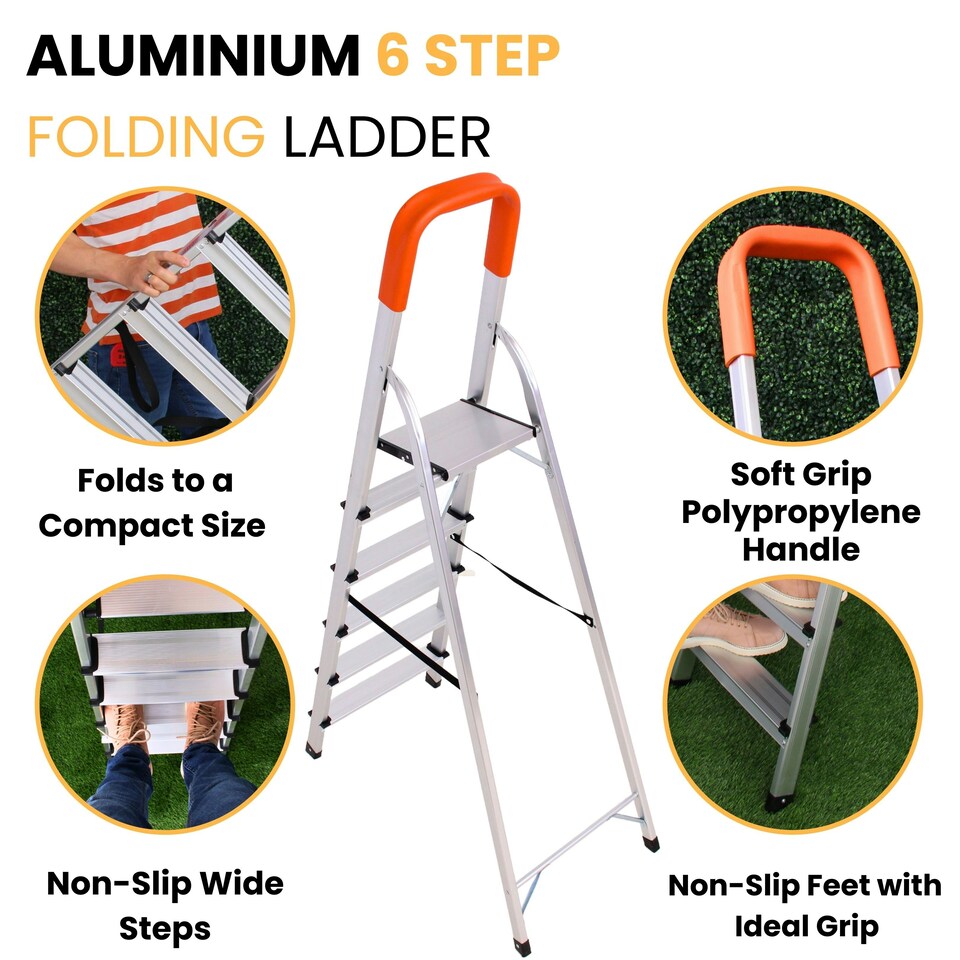 image 1 of Lightweight Step Ladders - Compact Aluminium Stepladder with Non-Slip Wide Step, Portable Silver Color - Tall Folding Ladder with Platform Silver | Orange | 6 - Step 167 cm