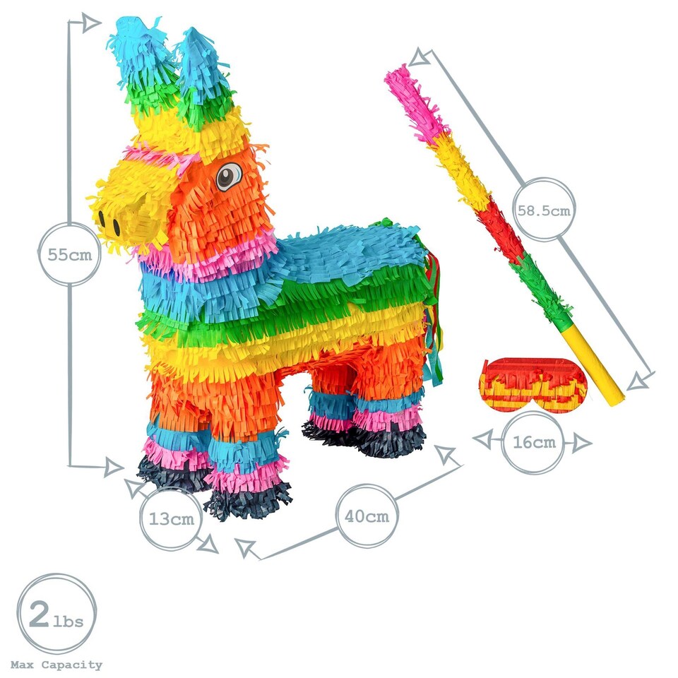 image 1 of Pinatas Donkey Cardboard Pinata, Stick and Blindfold Set - W40cm x D13cm x H55cm - Multi