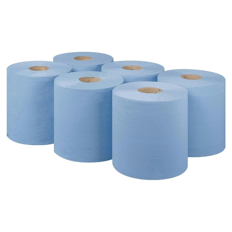 image 1 of 6 x 2ply Highly Absorbent Blue Embossed Centrefeed Rolls Multipurpose Home Kitchen Cleaning Paper Towels