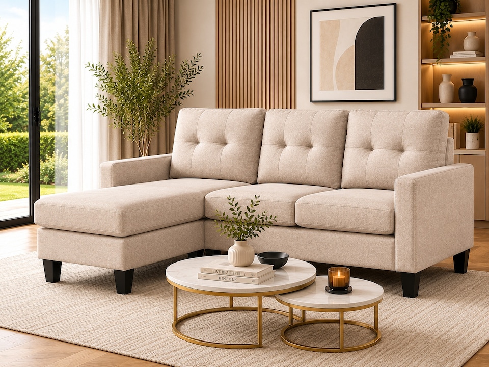 image 1 of Portofino 3 Seater Corner Sofa, Chaise Lounge Furniture with Reversible Ottoman Footstool or Chaise | Cream | Sandy Grey | Three Seater
