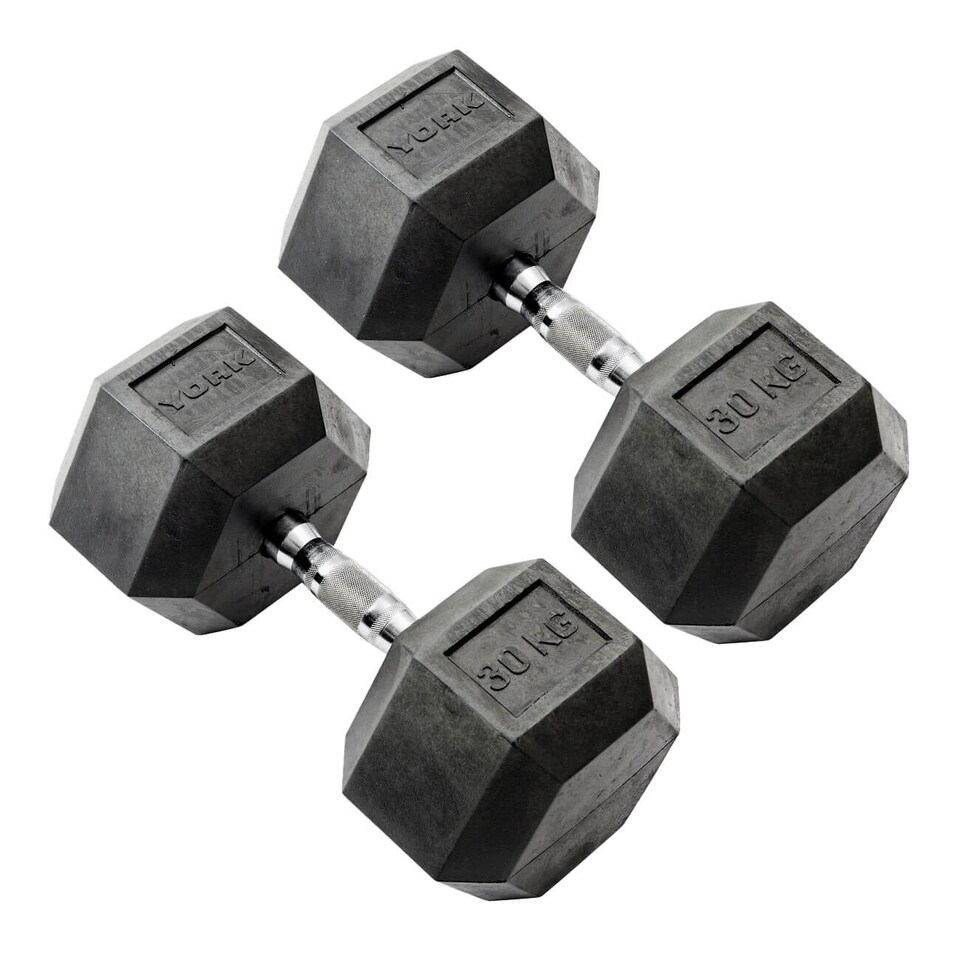 York 30kg Rubber Hex Dumbbell Pair, Contoured Knurled Chrome Handle, Torque-Threaded Heads | Black | BLACK | 30kg