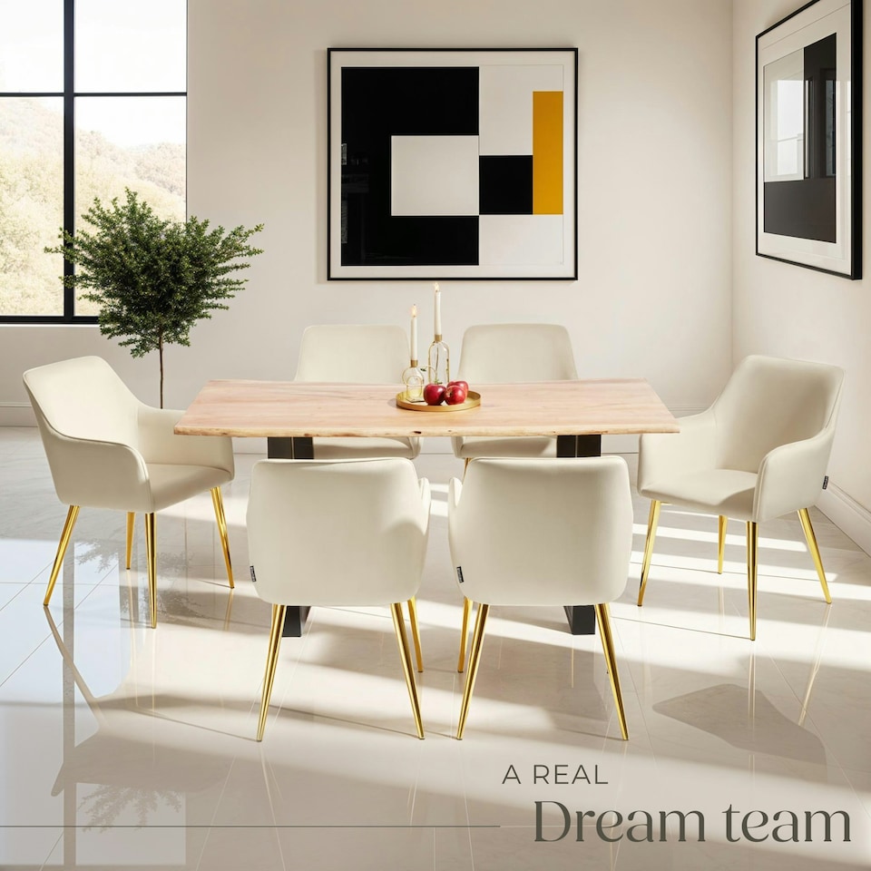 image 1 of Dining Chair Avane - velvet look, padded armchair, high backrest and high armrests - Set of 4 Cream | Beige