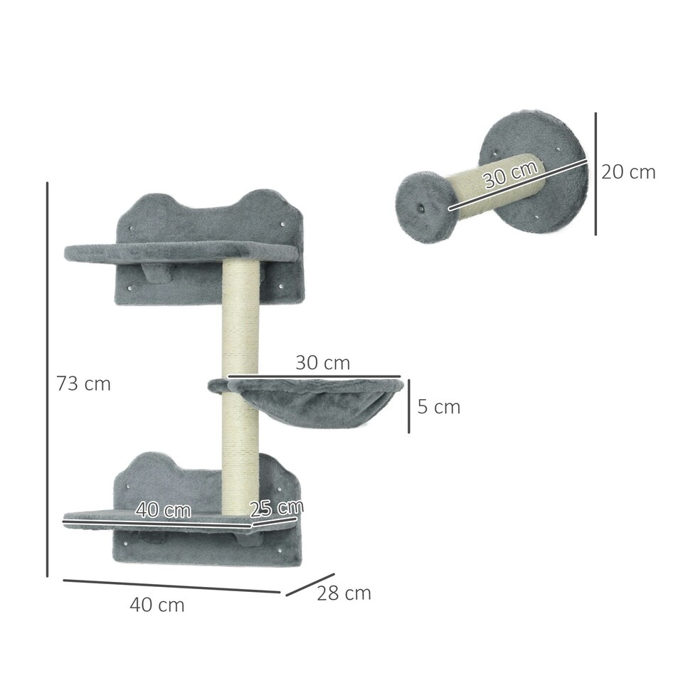 image 1 of PawHut 4pc Cat Shelves Cat Wall Furniture with Steps Scratching Post Grey