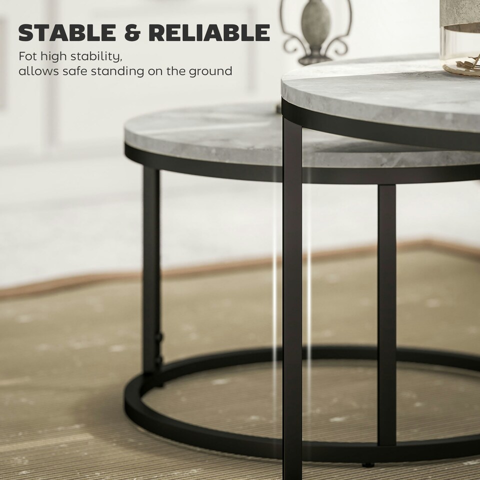 image 1 of HOMCOM 2 Pcs Stacking Coffee Table Set Steel Frame Marble-Effect Top Foot Pads | Grey | 78.5x78.5x46.5