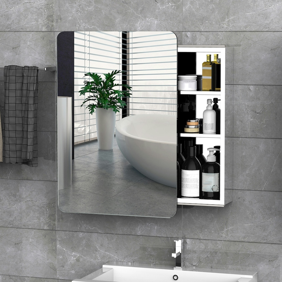 image 1 of kleankin 66x46cm Curved Bathroom Storage Cabinet Sliding Mirror Door 3 Shelves