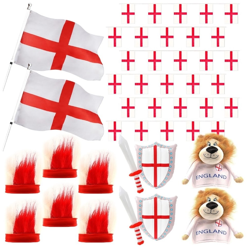 image 1 of Pack of 1 14 Piece England Set - Flags, Bunting, Headbands, Inflatables & Hats Red | One Size
