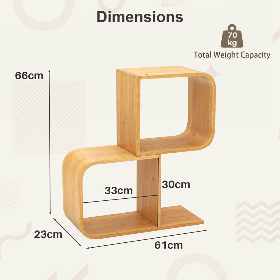 image 1 of COSTWAY 2-Tier S-Shaped Bookcase Bamboo Bookshelf Brown
