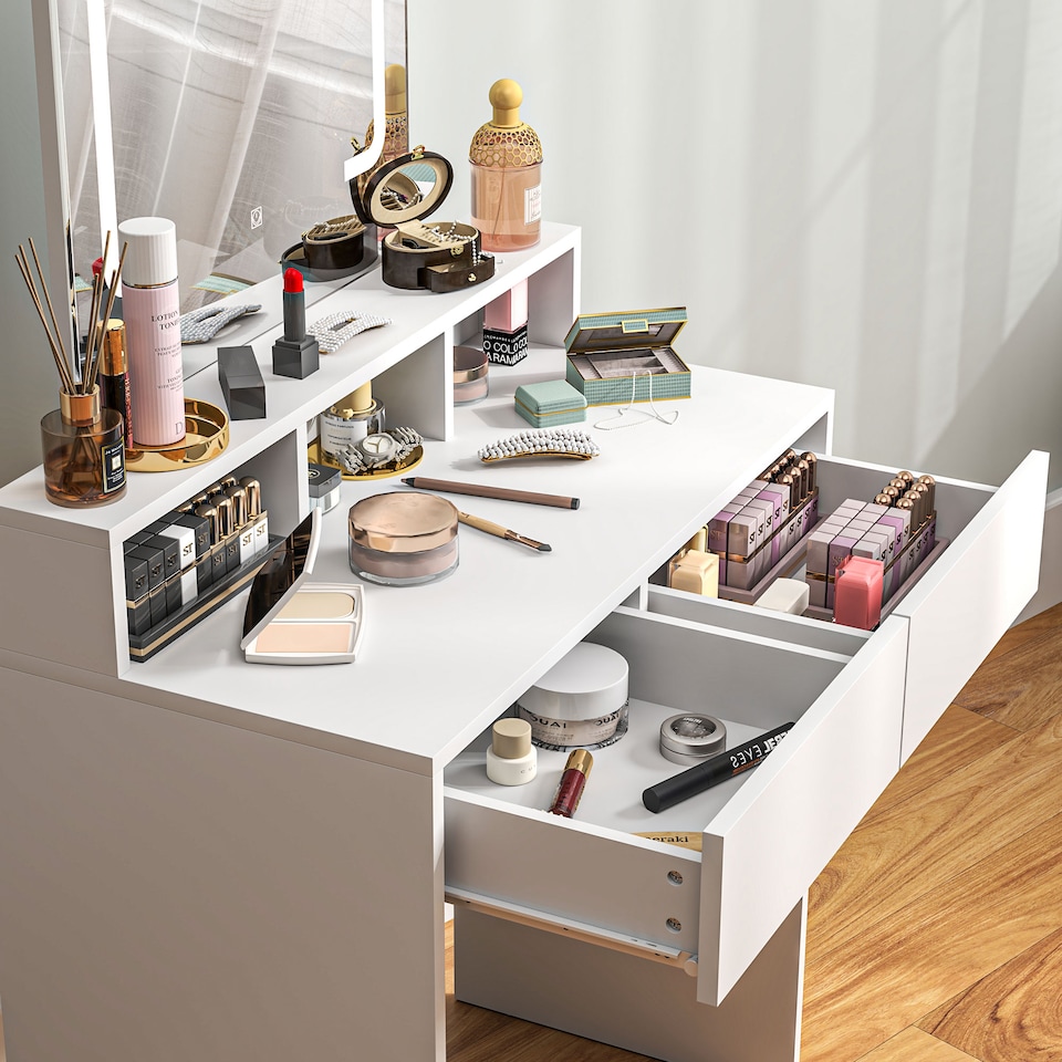 image 1 of HOMCOM Dressing Table with Mirror and LED Lights, Vanity Table with 2 Drawers, 3 Compartments, 3 Colour Lighting, for Bedroom, Modern Dresser Makeup Desk for Women and Girls, White