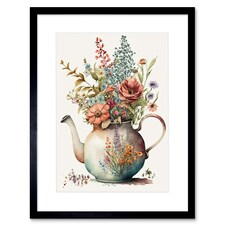 Flower Bouquet a Floral Design Ceramic Teapot 9x7" Black Framed Wall Art Print