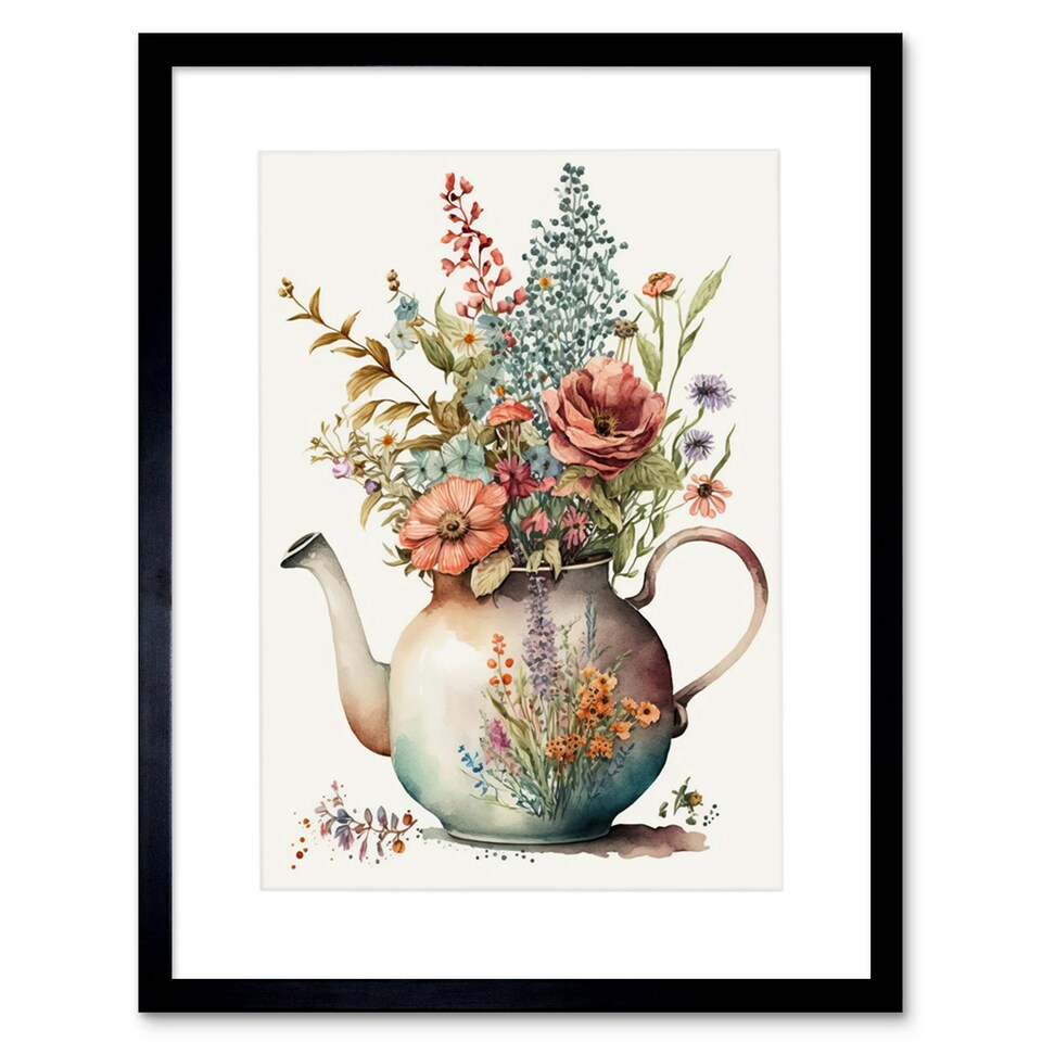 image 1 of Flower Bouquet a Floral Design Ceramic Teapot 9x7" Black Framed Wall Art Print