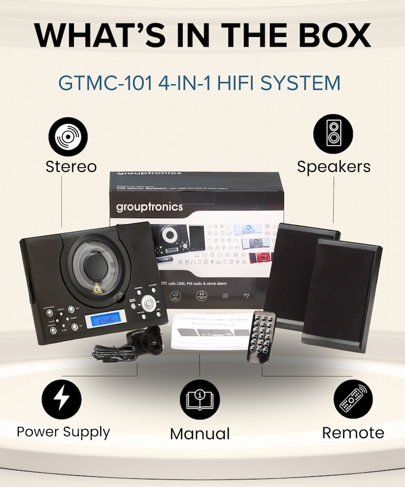 image 1 of CD Player with Speakers - HiFi System for Home with Radio, USB, MP3, Clock Alarm & Remote - Compact Stereo System with Wall Mount Design - Small CD Players for Home - GTMC-101