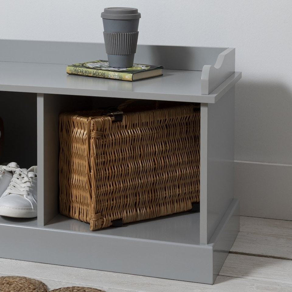 image 1 of Stockholm Storage Bench with 3 Brown Baskets in Silk Grey