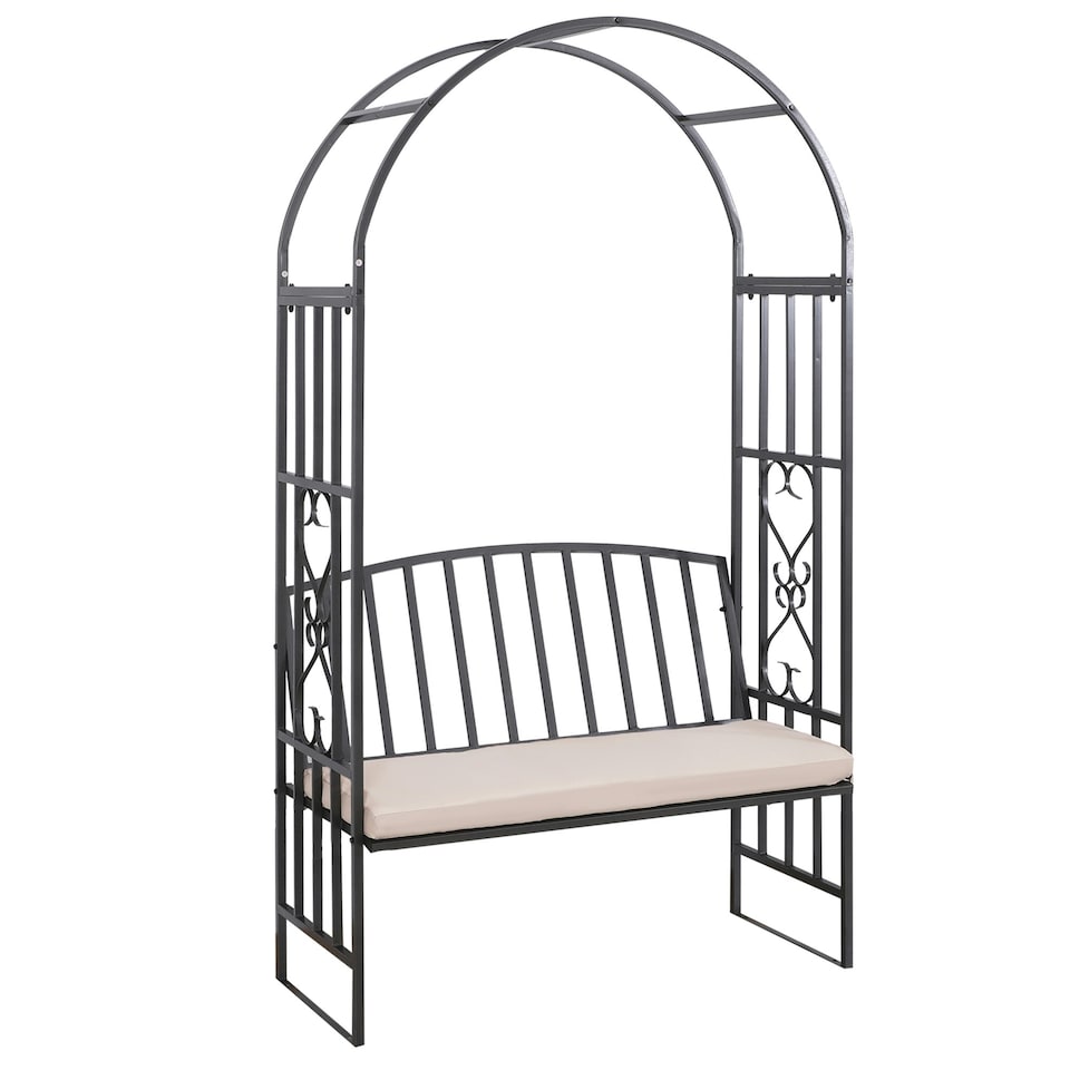 image 1 of Outsunny Garden Arbor Arch Metal Bench Padded Seat Outdoor Decoration