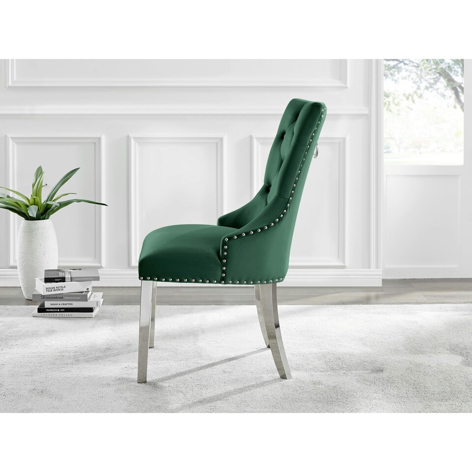 image 1 of Furniturebox 2x Belgravia Green Velvet Knockerback Dining Chairs Silver Leg