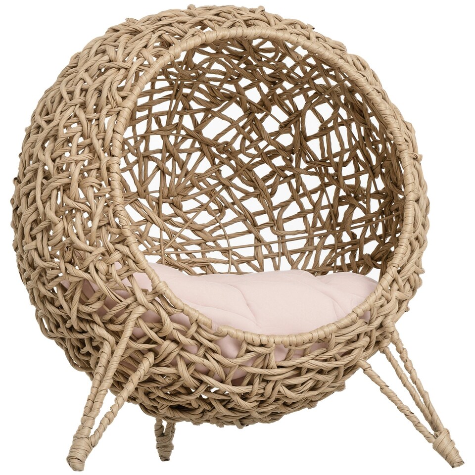 image 1 of PawHut Wicker Cat House, Ball-Shaped Rattan Raised Cat Bed - Natural Wood Finish