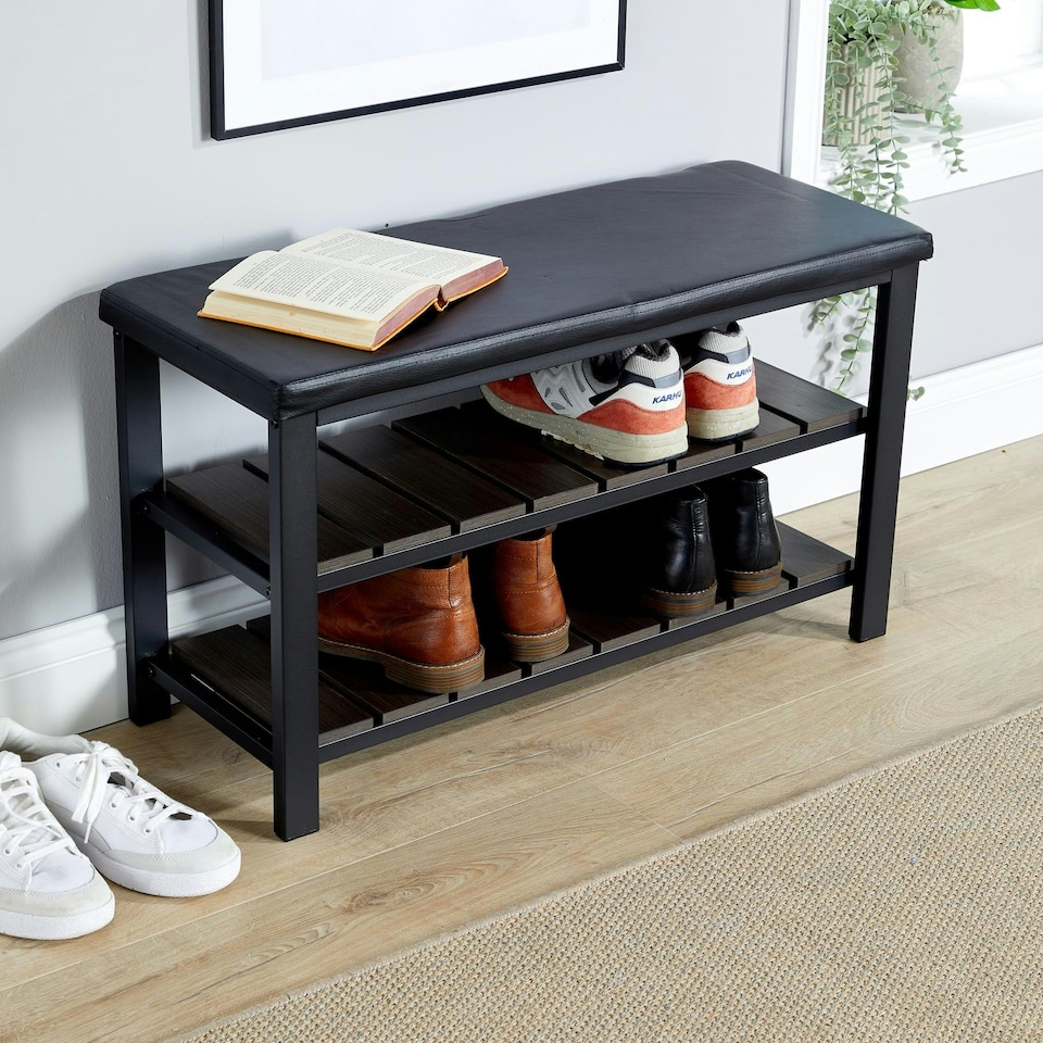 image 1 of Spalding Black Metal Shoe Bench with Two Storage Shelves - Perfect for the Hallway Black