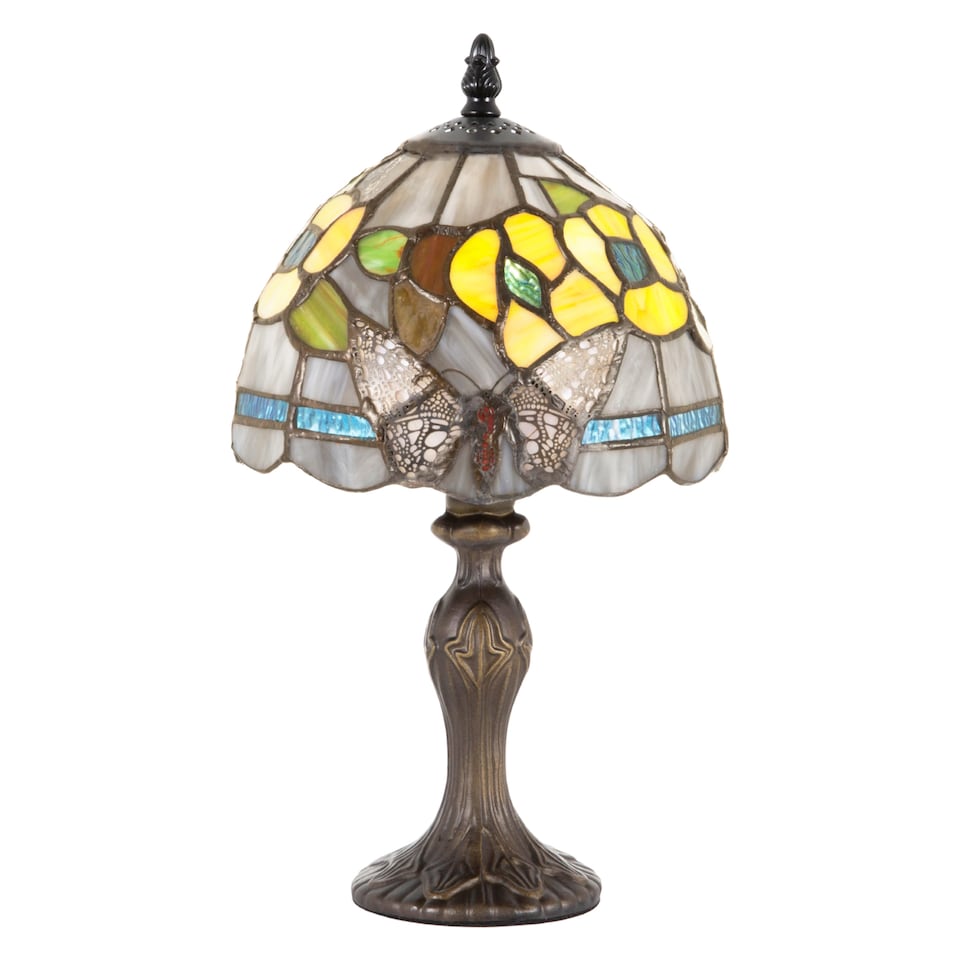 image 1 of Purple Stained Glass Butterfly Tiffany Lamp with Amber Roses and Sky Blue Strips | Purple