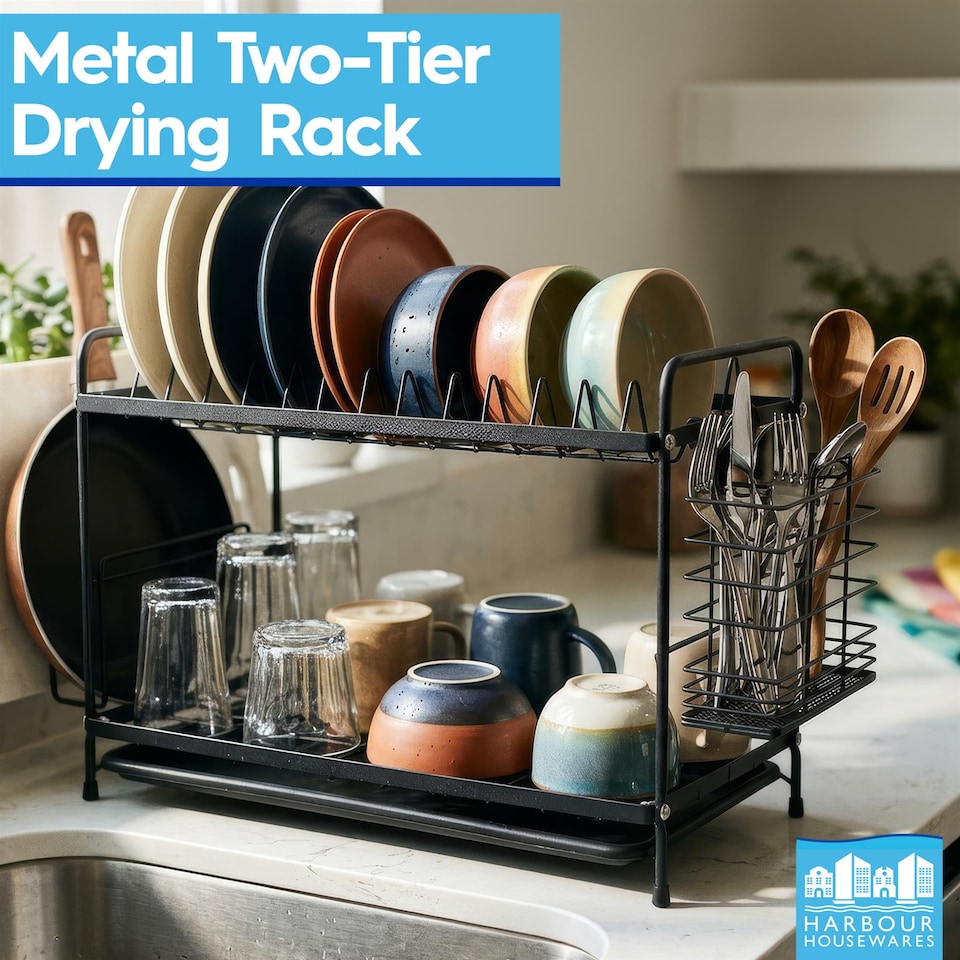 image 1 of Harbour Housewares Metal Kitchen Dish Drainer Rack 2-Tier Cutlery Holder Bowl Plate Drying Rack with Drip Tray