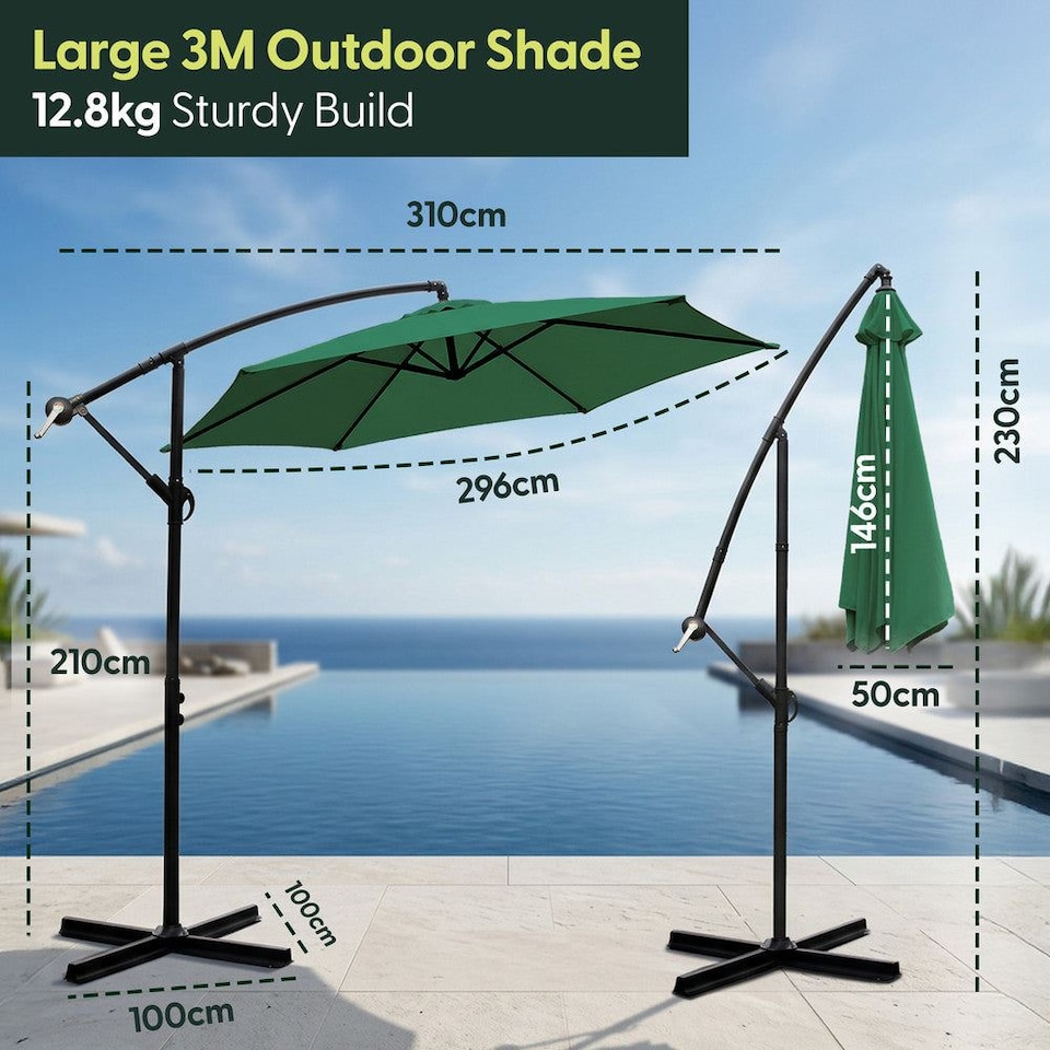 image 1 of Keplin 3m Banana Cantilever Garden Parasol with Cover Crank Handle 6 Ribs