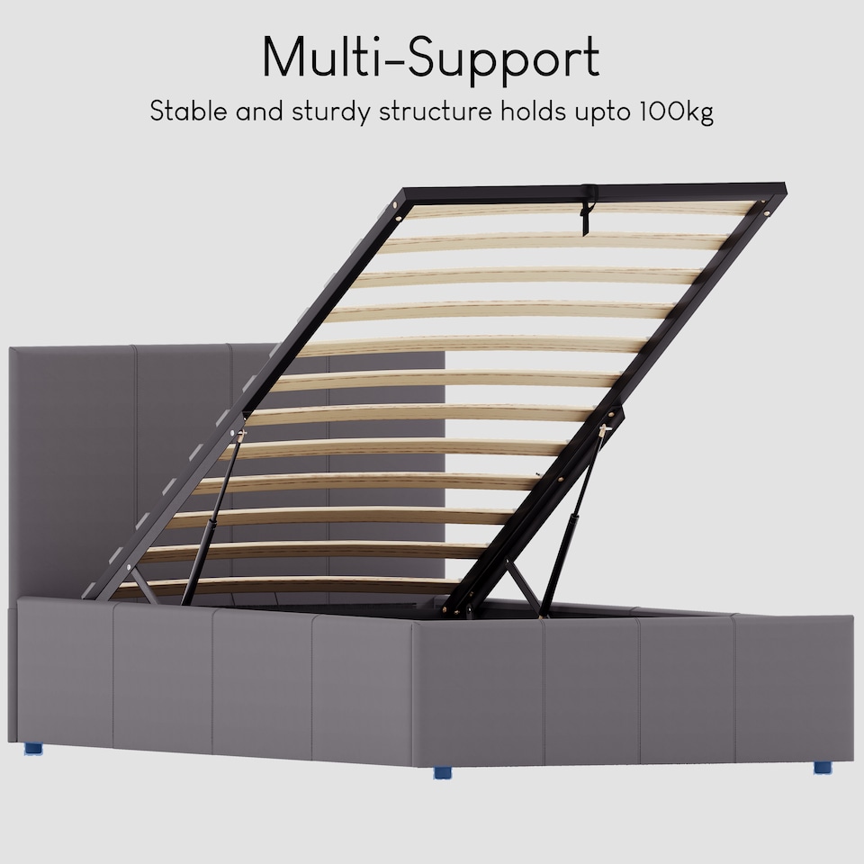 image 1 of Vida Designs Lisbon 3ft Single Ottoman Bed Storage Faux Leather, Grey, 90 x 190cm