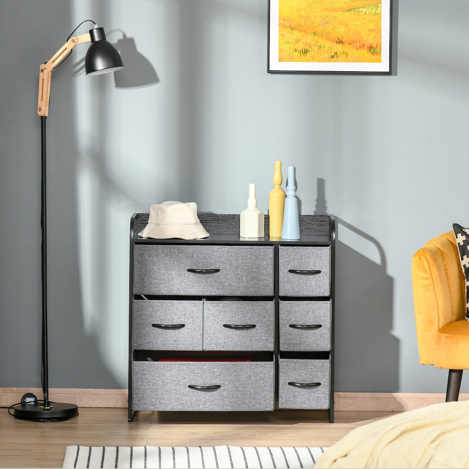 image 1 of HOMCOM Chest of Drawers with 7 Foldable Drawers, 3-Tier Fabric Bedroom Dresser, Clothes Storage Unit for Bedroom, Living Room, Grey | Grey | Grey