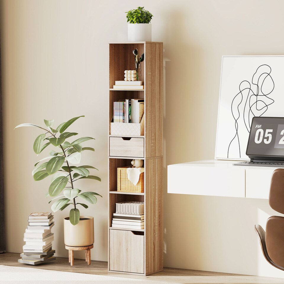 image 1 of HOMCOM 6-Tier Bookcase, Tall Narrow Bookshelf with Drawer, Door, Adjustable Shelf, Modern Display Standing Shelving Unit for Living Room, Home Office, Bedroom, 30 x 24 x 158 cm, Natural Wood Finish | Brown | Natural wood finish