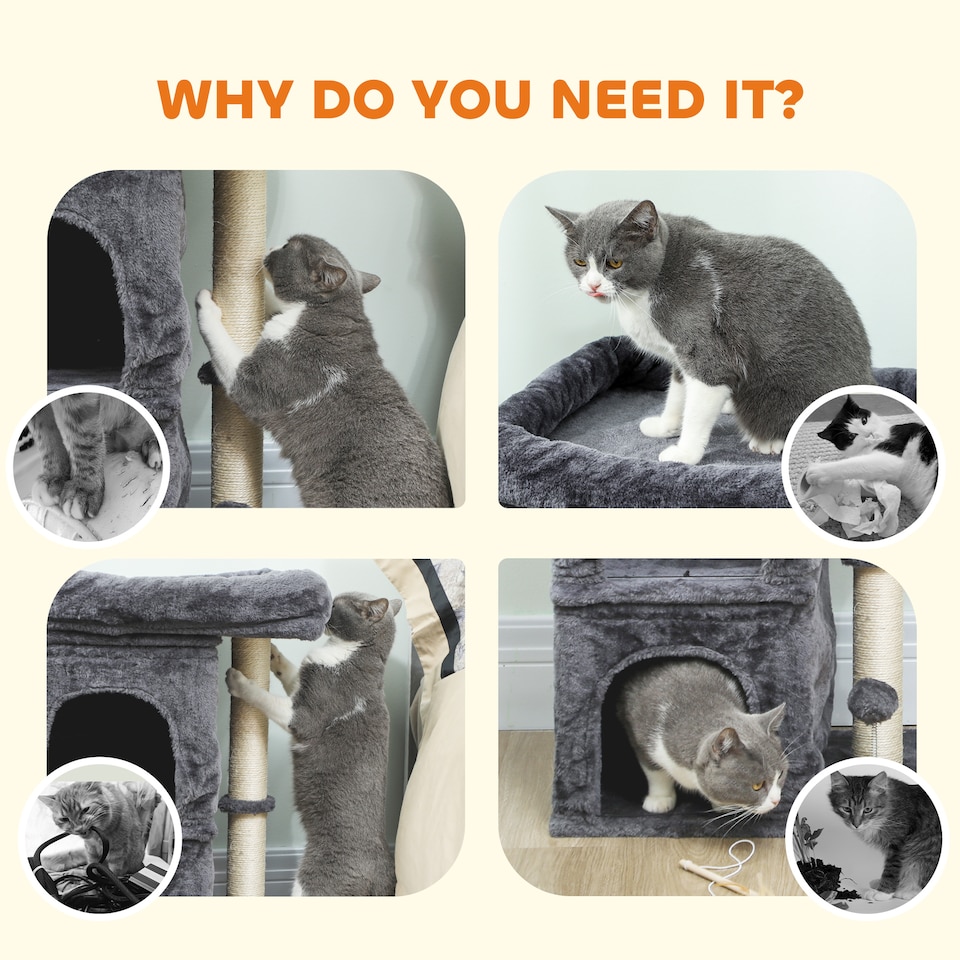 image 1 of PawHut 66cm Small Cat Tree for Large Adult Kittens Up to 7 KG, Cat Tower with Large Top Perch, 2 Condos, Sisal Scratching Post, Toy Ball, for Climbing, Relaxing, Playing, Dark Grey