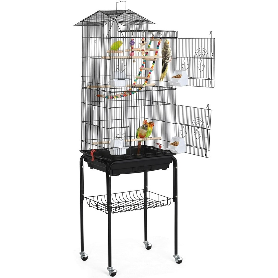 image 1 of Yaheetech 158.5 cm Tall Roof Top Birdcage with Rolling Metal Stand Black