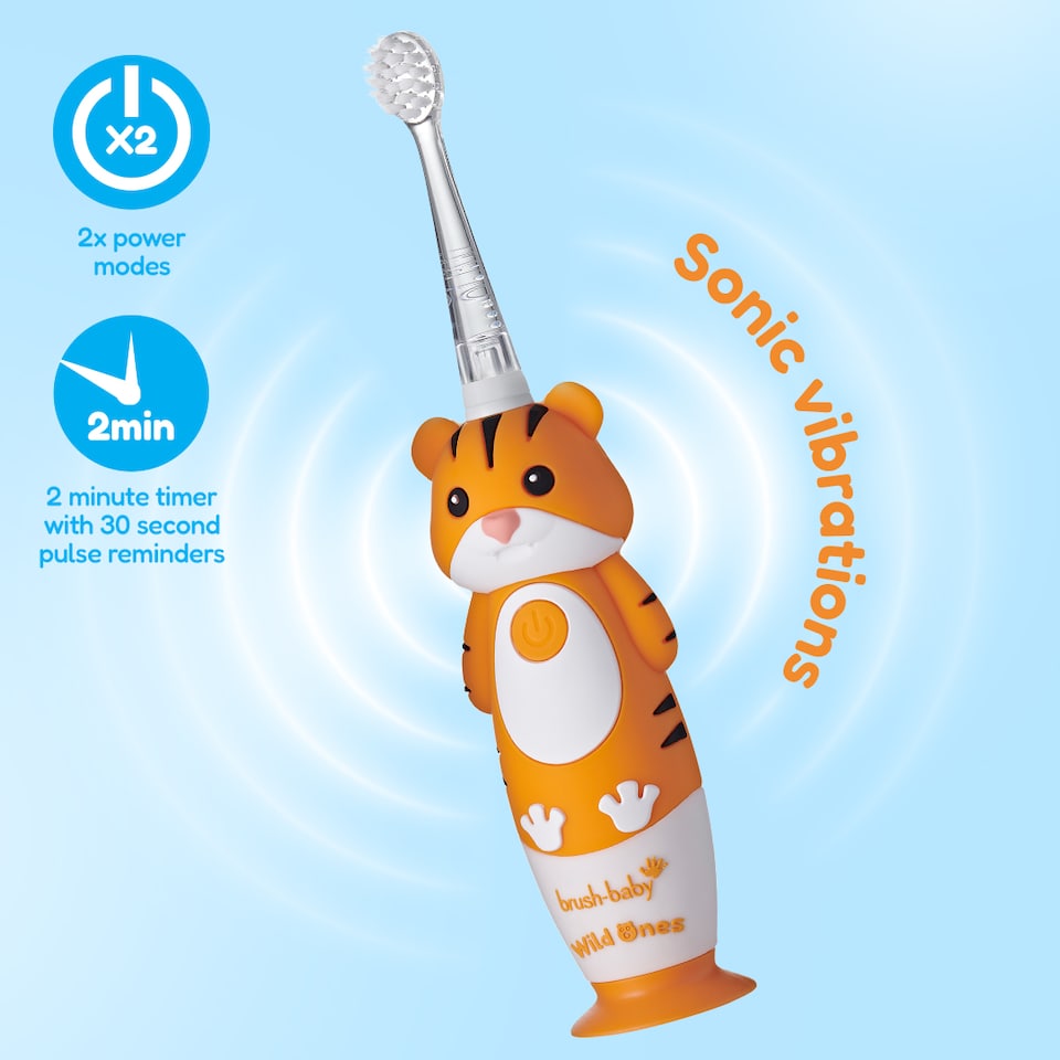 image 1 of Brush Baby WildOnes Tiger Kids Electric Rechargeable Toothbrush