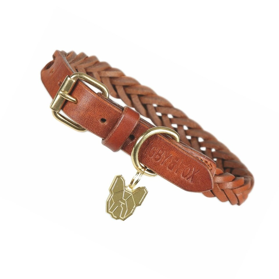 image 1 of Digby & Fox Plaid Leather Dog Collar - Tan - Large - Neckline: 17.5in-20in